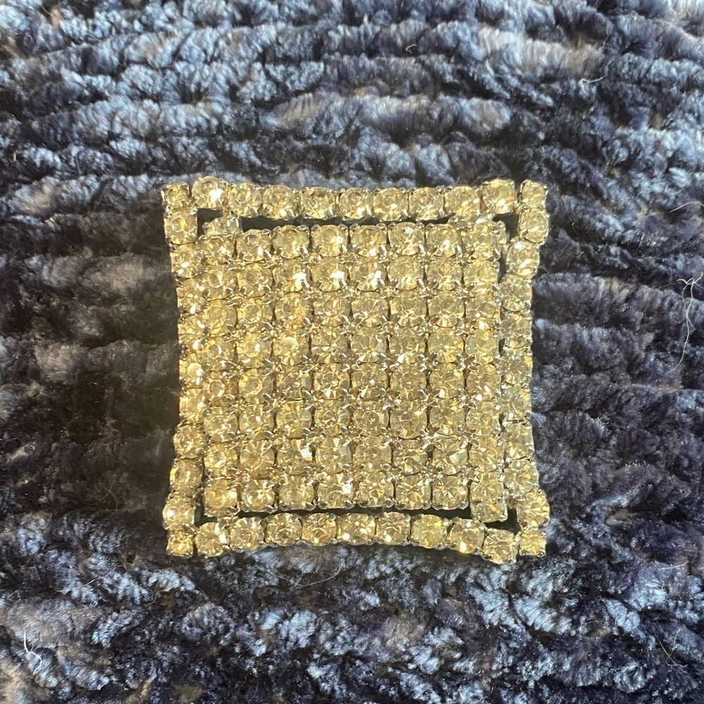 Vintage Rhinestone Square Brooch 1.75” Silver Tone Sparkle Pin